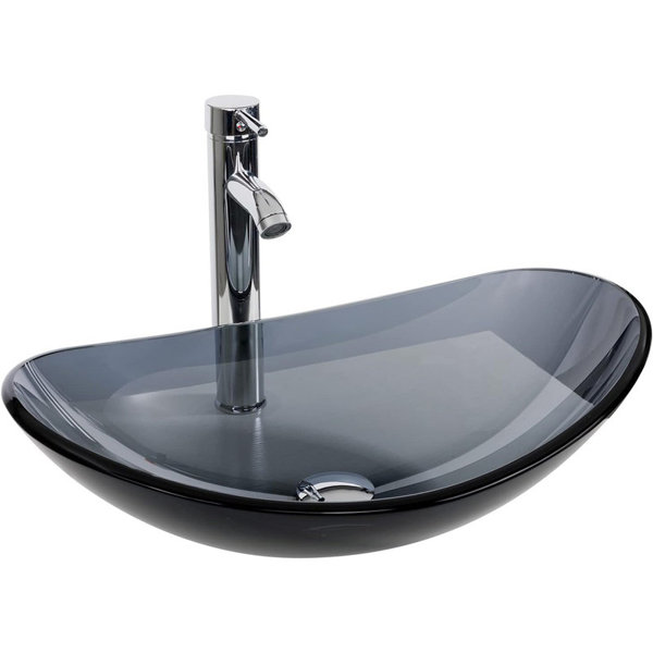 Minoky Bathroom Boat Shape Glass Vessel Sink Basin with Faucet and Pop